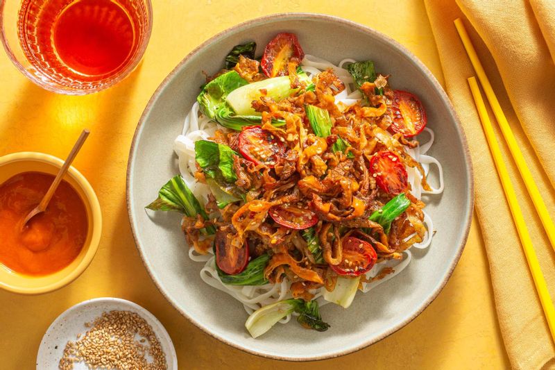 Spicy Yuba Stir-Fry with Flat Rice Noodles, Tomatoes, and Bok Choy ...