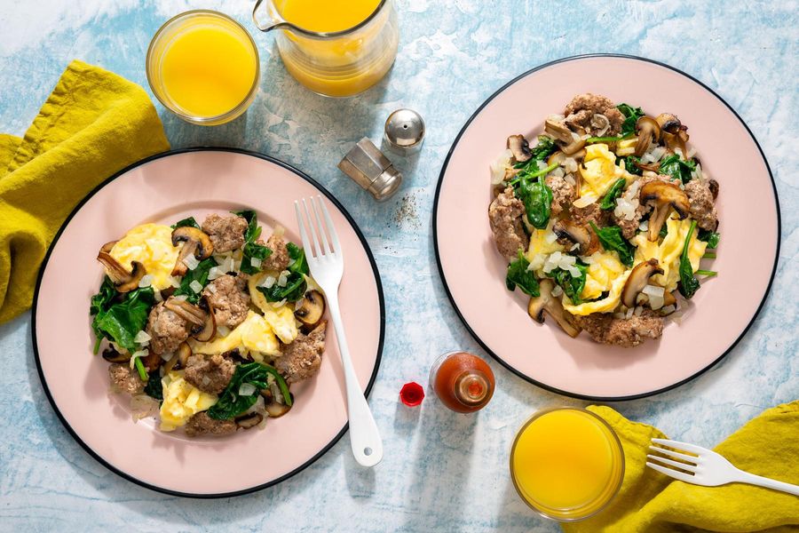 San Francisco scramble with spinach, mushrooms, and onion
