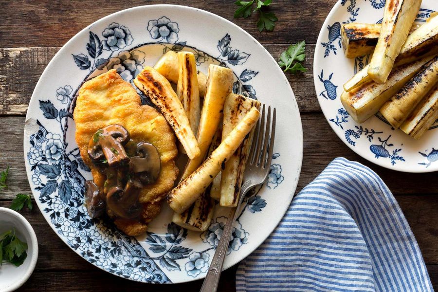 Chicken schnitzel with parsnips and mushrooms