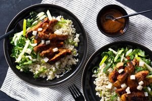 Orange-glazed pork and bok choy slaw over cauliflower “rice”