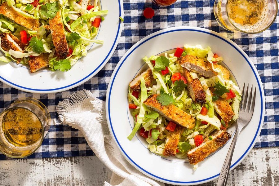 Pan-fried chicken salad with cabbage and bell pepper