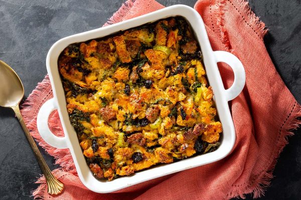 Italian sausage strata with sun-dried tomatoes, mozzarella, and kale