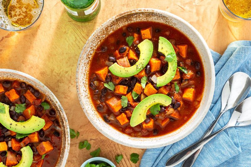 Sweet Potato and Black Bean Chili with Avocado Sunbasket