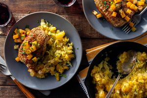 Pork chops with apple chutney and root vegetable rumbledethumps