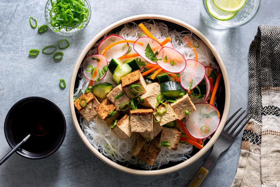 Saigon noodle bowls with five-spice tofu and cucumber-radish salad