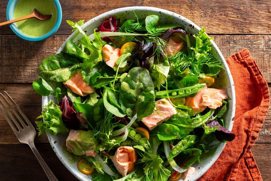 Poached salmon salad with tahini goddess dressing