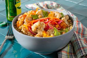 Middle Eastern chickpea grain bowl with freekeh and herb yogurt