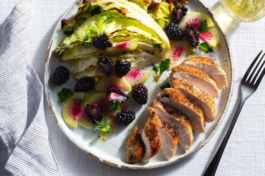 Sumac chicken with berry and roasted cabbage salad