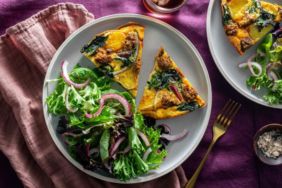 Chard and potato frittata with your choice of protein and green salad