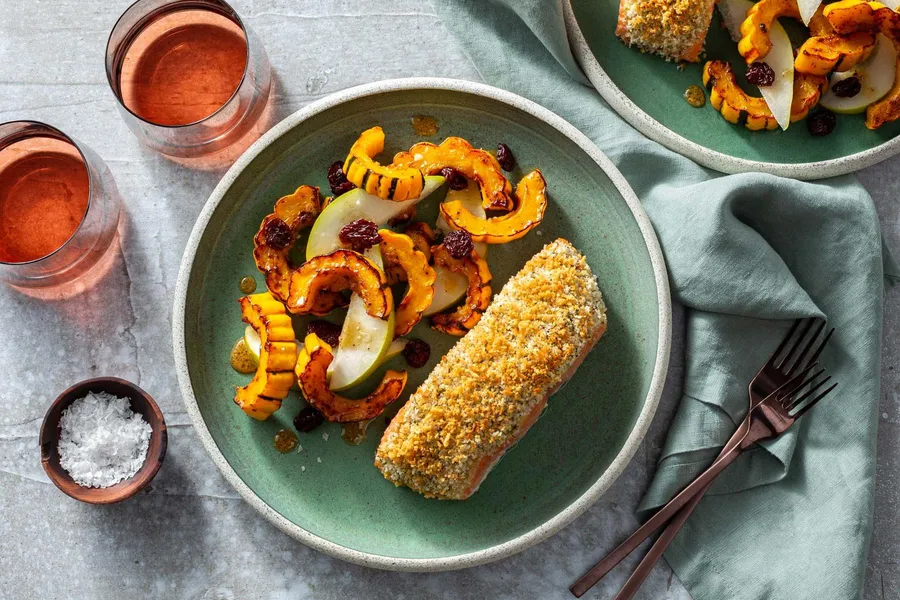 Salmon with horseradish-mustard crust and squash salad