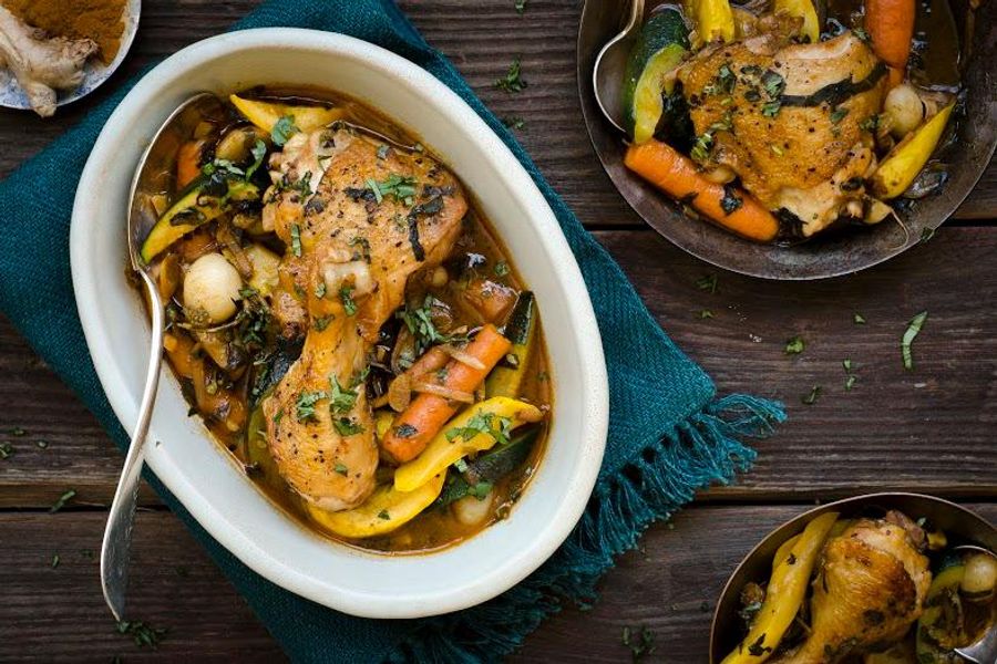 Braised cinnamon chicken with summer squash and baby turnips