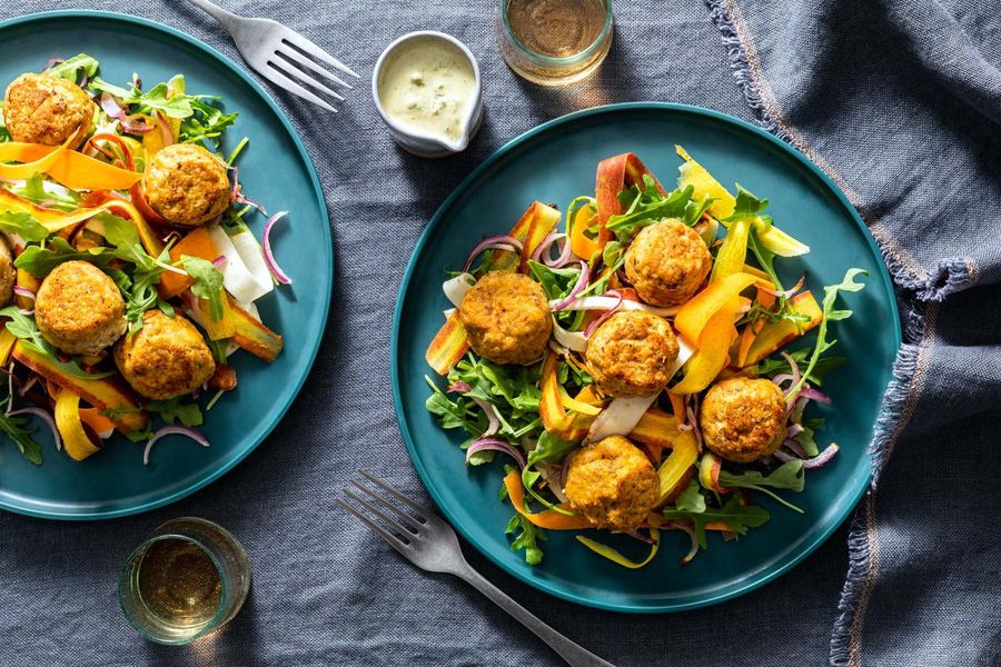 Chicken meatballs with caramelized onions and carrot-parsnip salad