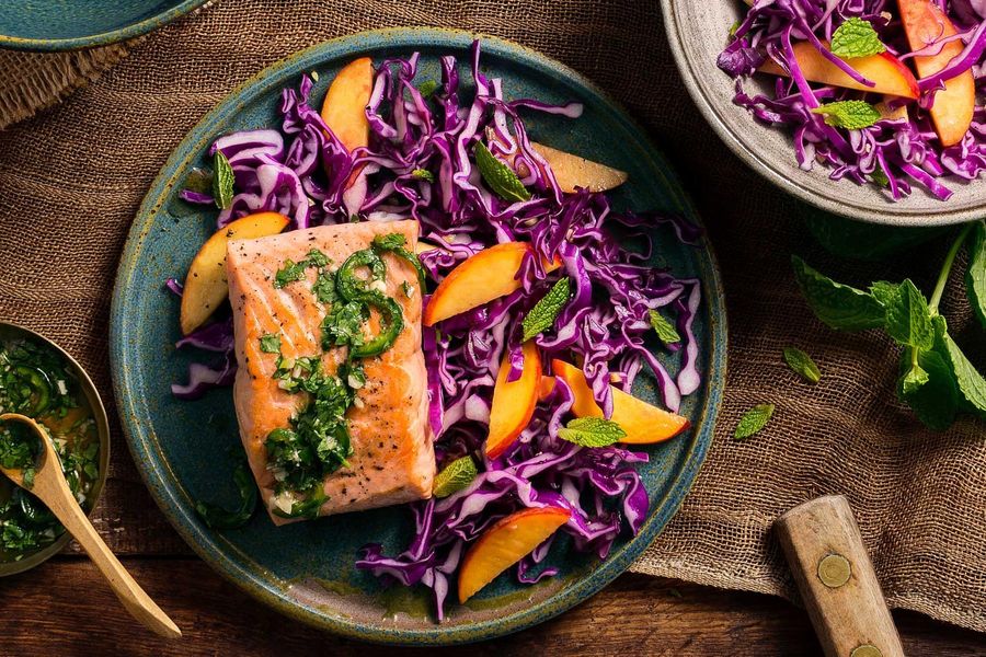 Thai-style salmon with peach-cabbage slaw