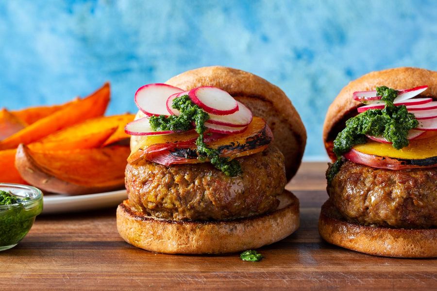 Lamb burgers with mint chutney and sweet potato wedges