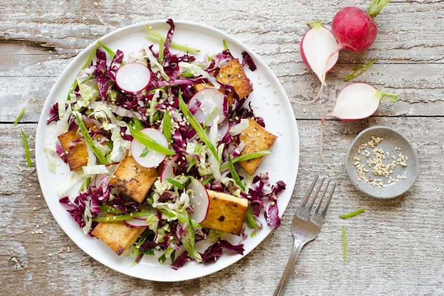 Seared sesame tofu salad with radicchio, cabbage and snow peas