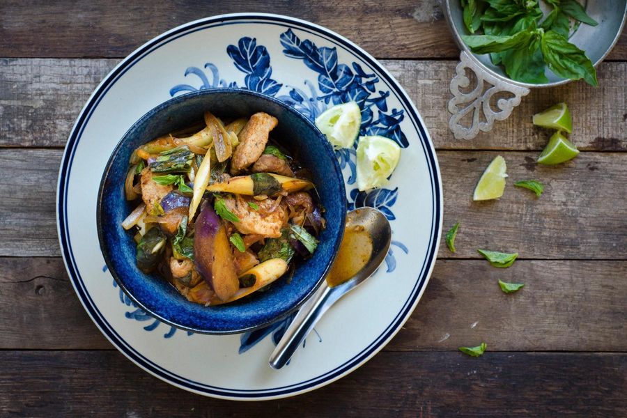 Jungle curry with pork, bok choy and eggplant