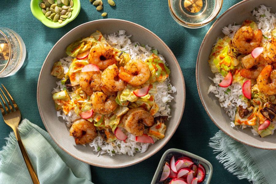 Baja shrimp bowls with spicy chipotle cabbage over cilantro-lime rice