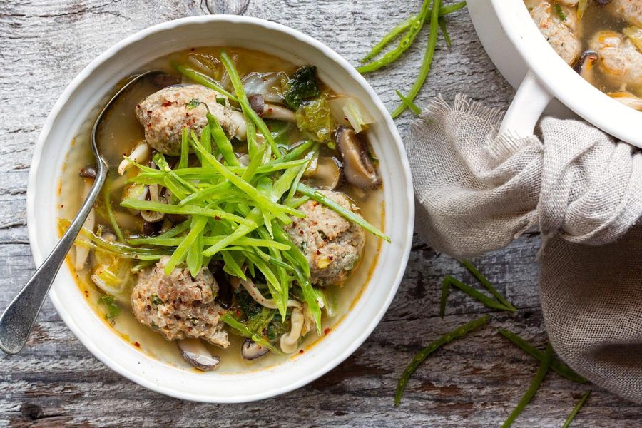 Gingered turkey meatballs in Japanese mushroom broth