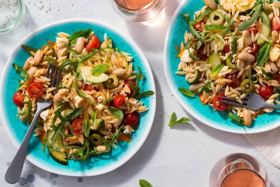 Greek orzo salad with white beans, tomatoes, and feta