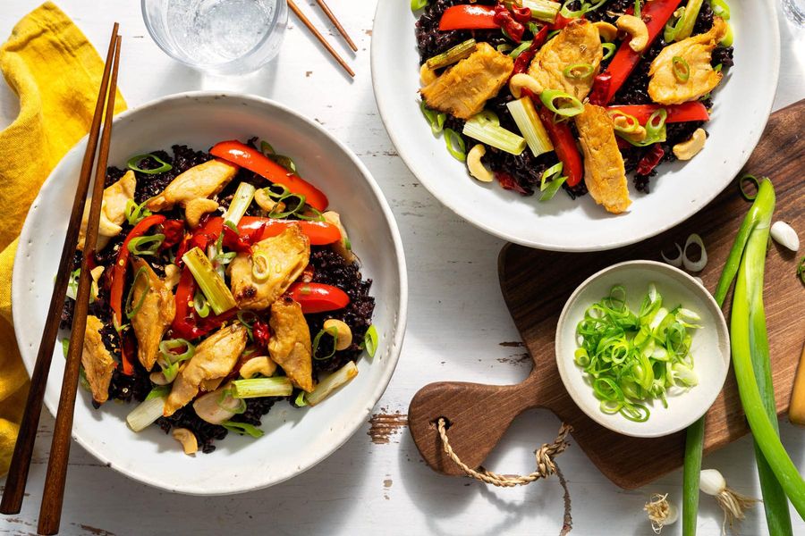 Gong Bao–style stir-fry with cashews and black rice