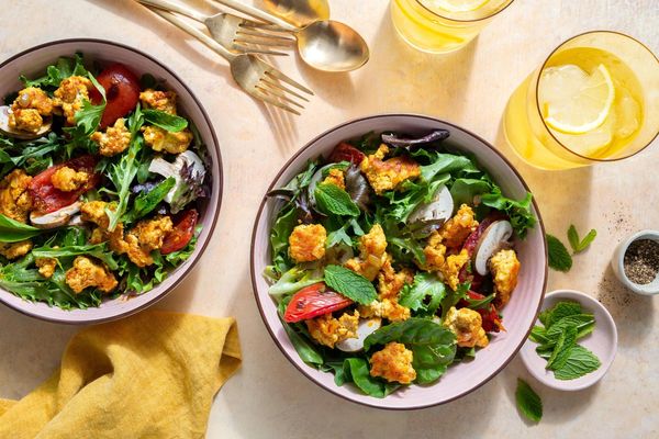 Turkey larb salad with mushrooms, tomatoes, and fresh mint