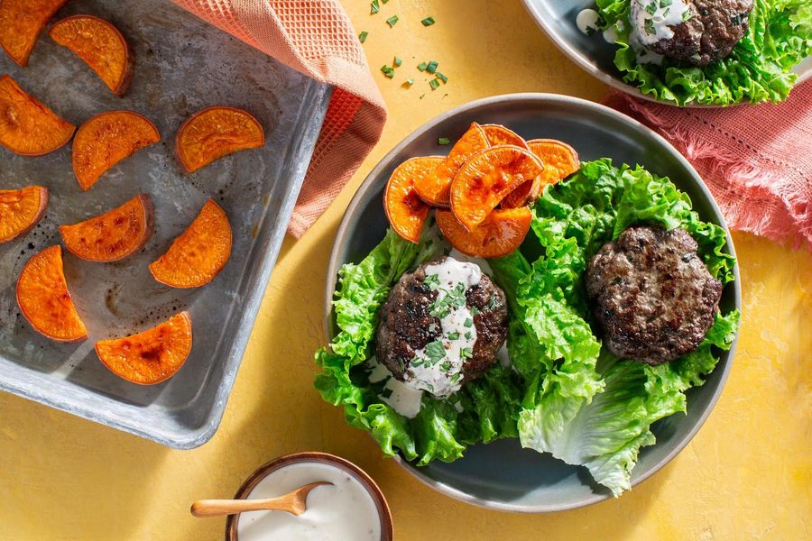 Lettuce-wrapped sliders with sweet potato and lemon-tahini mayo