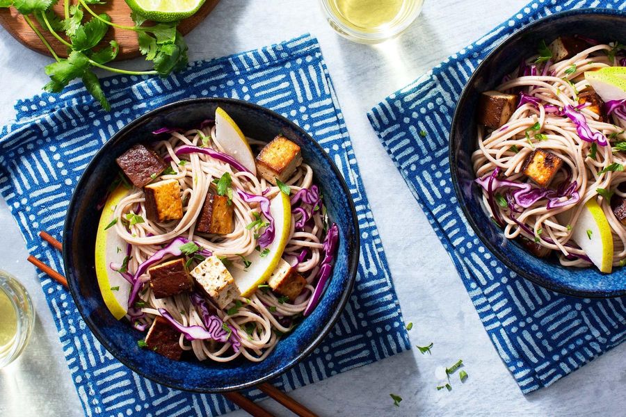 Braised tofu and soba noodle salad with miso-tamari dressing