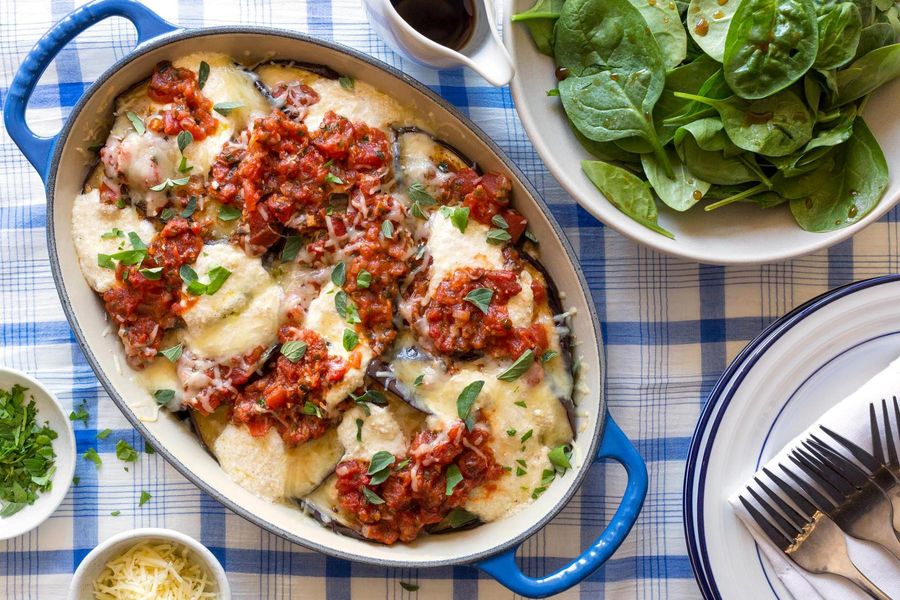 Eggplant Parmesan with spinach salad