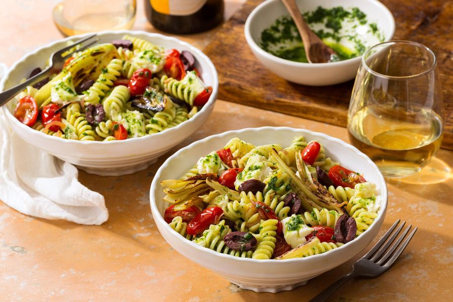 Quinoa fusilli with pistou, charred fennel, and fresh mozzarella