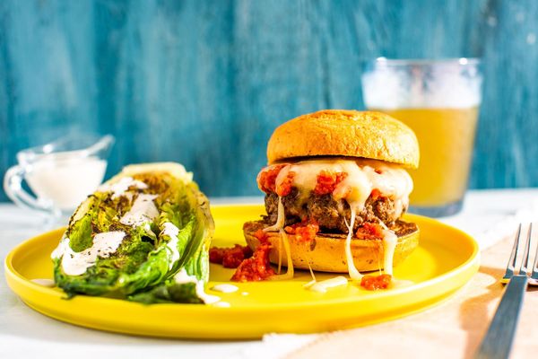 Chicken and mozzarella burgers with seared Caesar salad