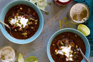 Spicy chorizo and tomatillo chili with coconut and lime