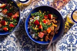 Chorizo burrito bowls with peach-corn salad and honey-lime vinaigrette