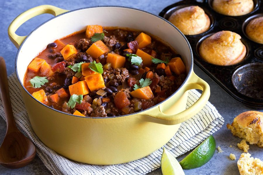 Beef and black bean chili with butternut squash and gluten-free cornbread