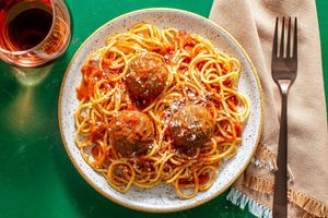 Spaghetti and meatballs in basil marinara