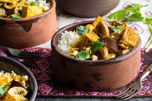 Eggplant and tofu tikka masala with basmati rice