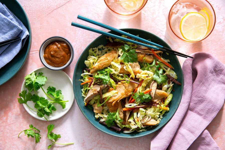 Mu shu bowls with shiitake mushrooms, cabbage, and hoisin sauce