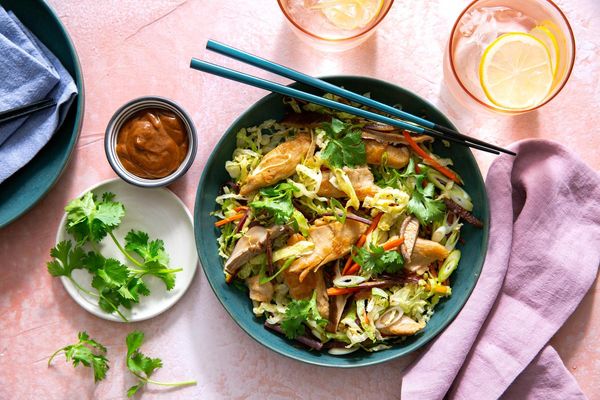 Mu shu pork bowls with shiitake mushrooms and hoisin sauce