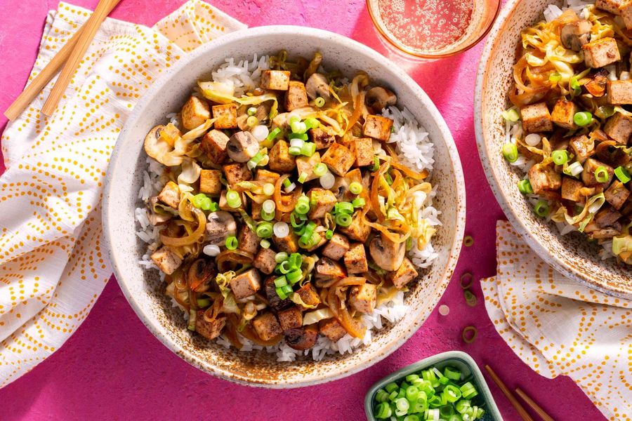 Five-spice stir-fry with cabbage and mushrooms over jasmine rice