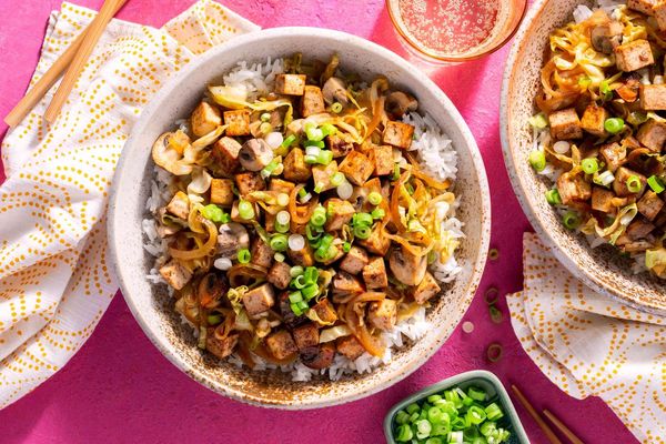 Five-spice pork stir-fry with cabbage and mushrooms over jasmine rice