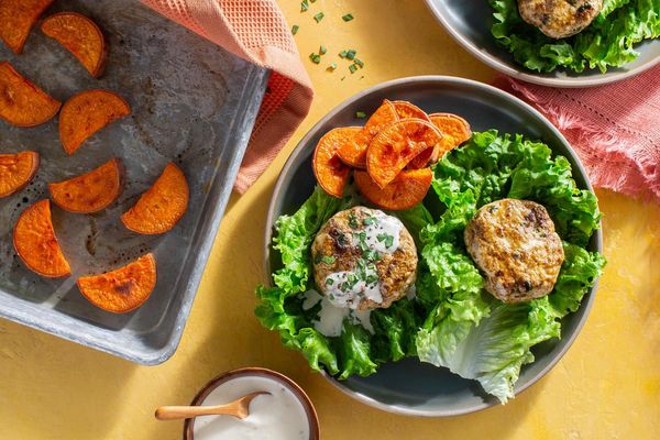 Lettuce-wrapped lamb sliders with sweet potato and lemon-tahini mayo