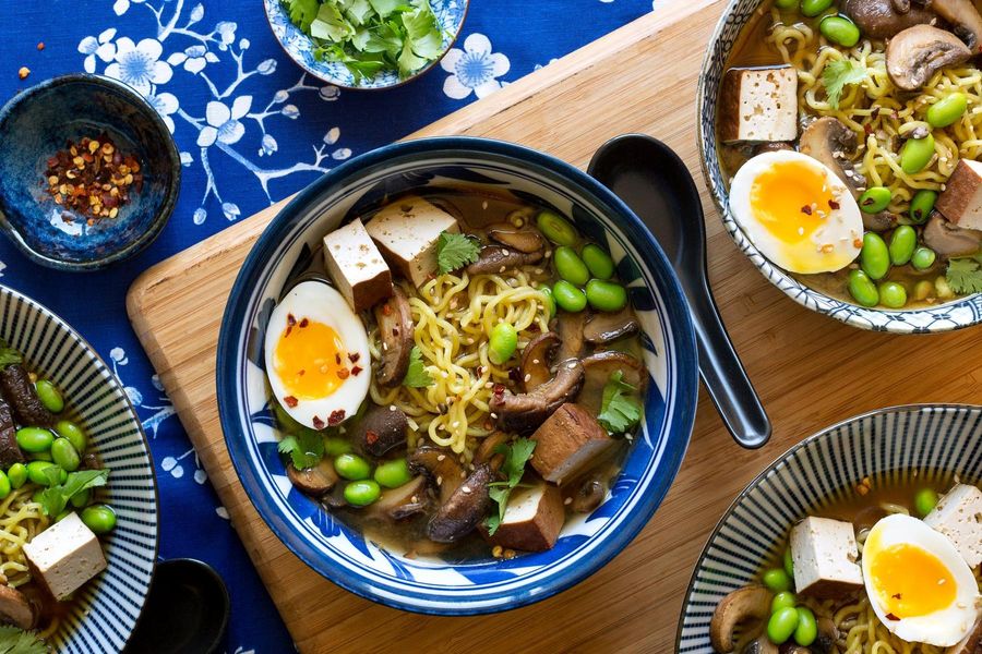 Miso ramen with tofu, mushrooms, and soft-cooked eggs