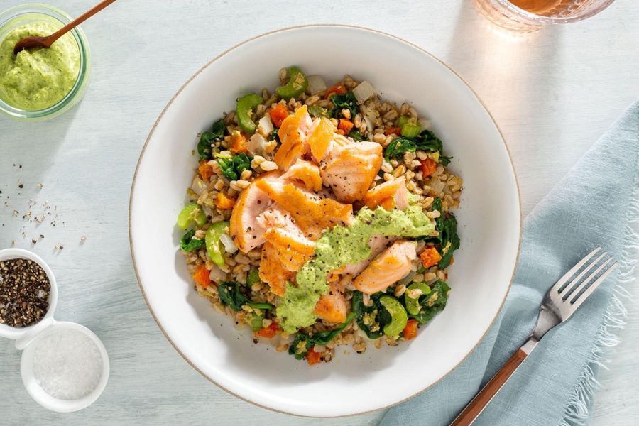 Salmon farro bowls with spinach and green goddess dressing