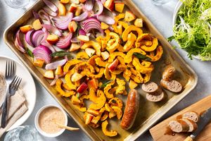 Sheet pan pork sausages with roasted apple and delicata squash