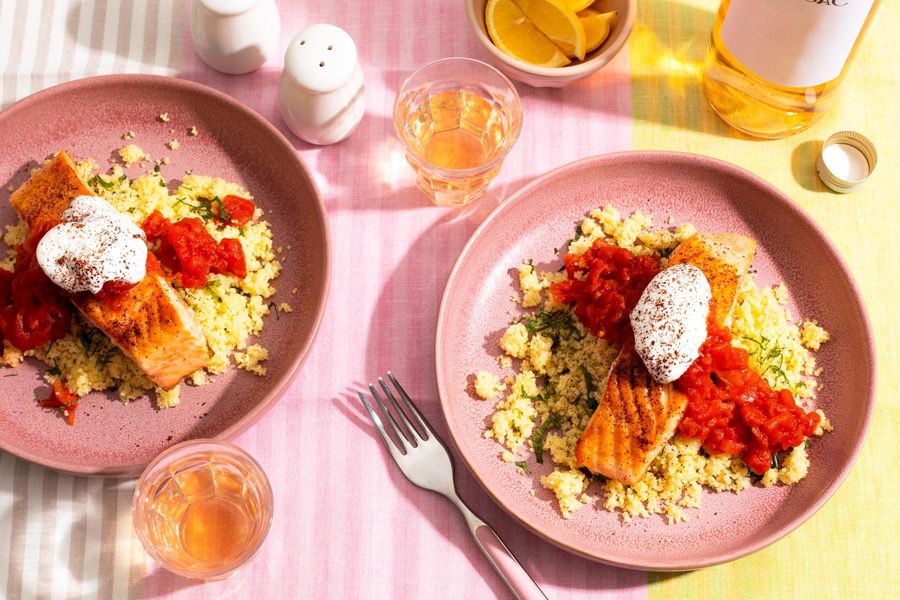 King salmon in chraime sauce with mint couscous and lemon yogurt