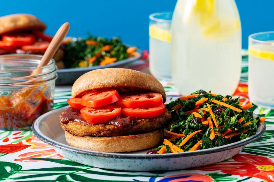 Superfast barbecue tofu burgers with Kale Slaw image