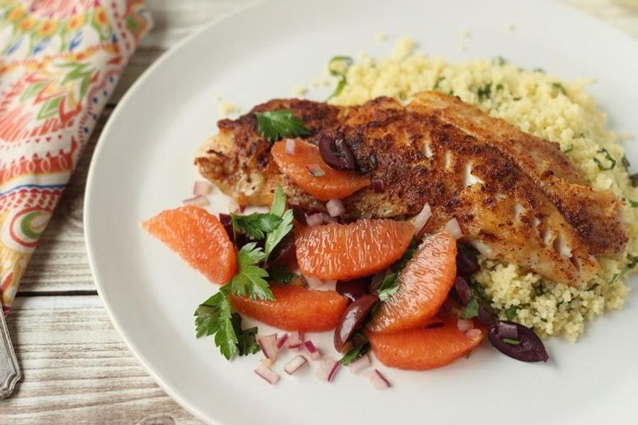 Rockfish with orange, olive salsa and minted couscous