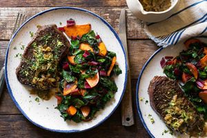 Seared steak and porcini sauce with sweet potatoes and chard