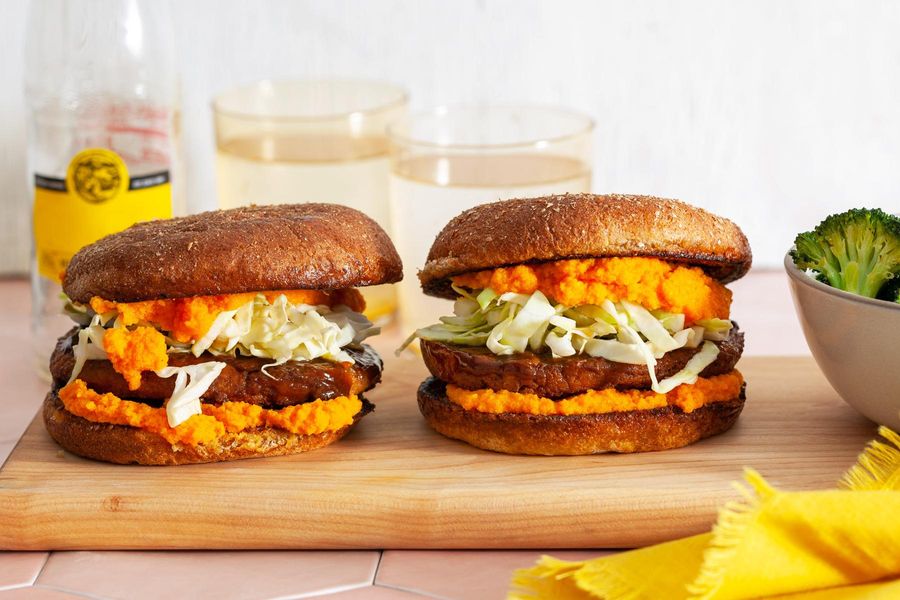 Char siu tofu burgers with pickled cabbage and roasted broccoli