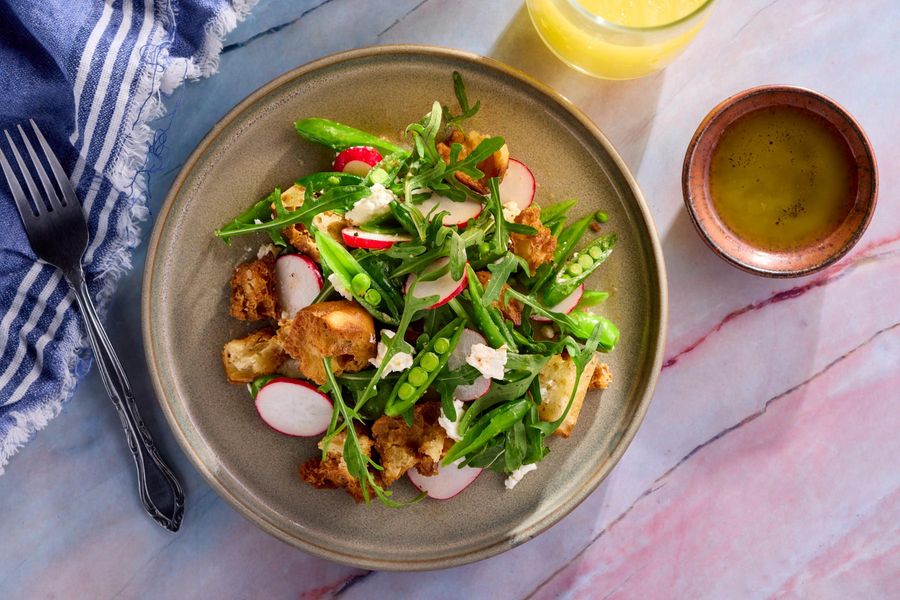 Spring Panzanella with Snap Peas, Goat Cheese, and Lemon Vinaigrette