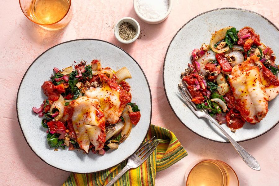 Braised cod with tomatoes, chard, and artichokes